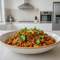 CHICKEN KEEMA WITH 30% PADDING AROUND WITH MODERN KITCHEN BACKGROUND