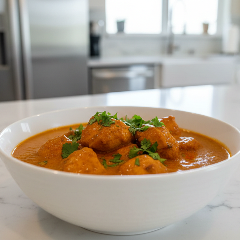 CHICKEN TIKKA MASALA WITH 40% PADDING AROUND WITH MODERN KITCHEN BACKGROUND
