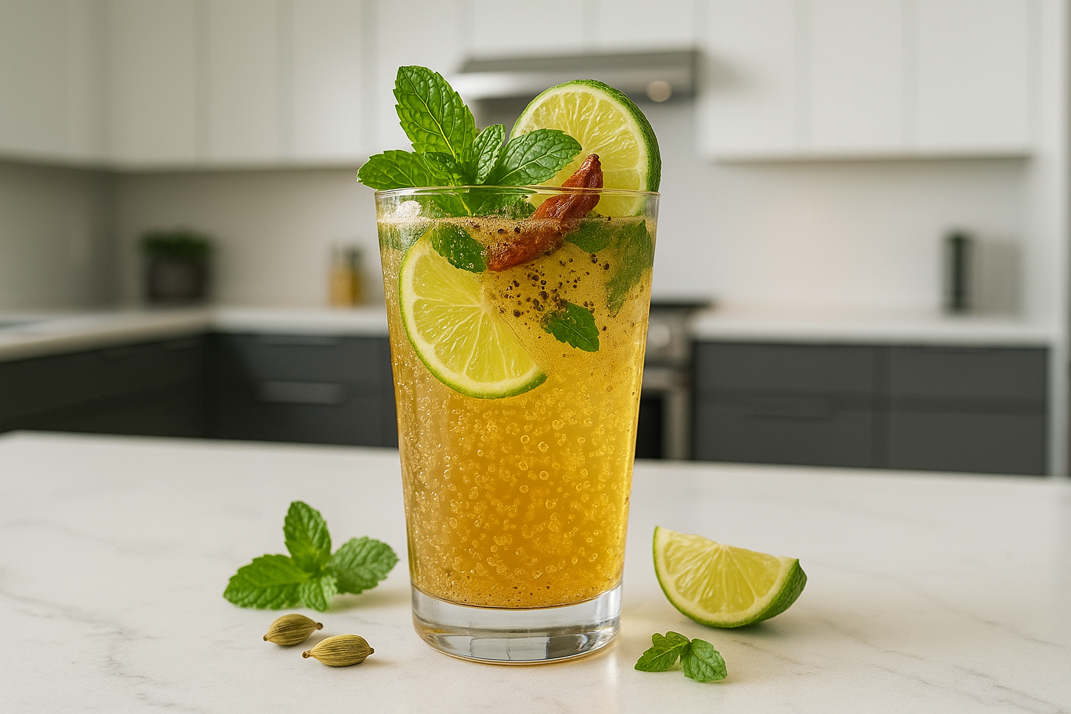 MASALA SODA IN A GLASS WITH MODERN KITCHEN BACKGROUND